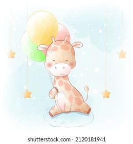 Cute giraffe sitting on the cloud watercolor illustration