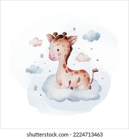 cute giraffe sitting on the cloud watercolor clipart illustration with isolated background