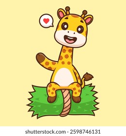 Cute Giraffe Sitting On Grass And Waving Hand Cartoon Vector Icon Illustration. Animal Nature Icon Concept Isolated Premium Vector. Flat Cartoon Style
