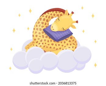 Cute giraffe sleeping on cloud with soft pillow. Kawaii character. Vector children illustration. Isolated on white.
