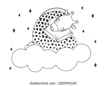 Cute giraffe sleeping on cloud with soft pillow. Monochrome children illustration. Vector illustration. Childrens coloring book. Isolated on white.