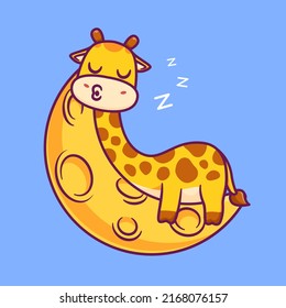 Cute Giraffe Sleeping On Moon Cartoon Vector Icon Illustration. Animal Nature Icon Concept Isolated Premium Vector. Flat Cartoon Style