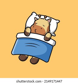 Cute Giraffe Sleeping With Pillow And Blanket Cartoon Vector Icon Illustration. Animal Icon Concept Isolated Premium Vector.