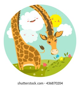 Cute giraffe smelling a flower