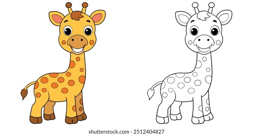 Smiley de girafa bonito sorriso desenhos animados página de coloração para crianças