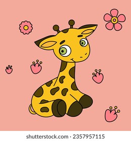 Cute Giraffe Smiling with Flowers