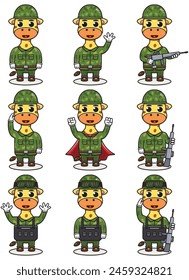 Cute Giraffe soldier in camouflage uniform. Cartoon funny Giraffe soldier character with helmet and green uniform in different positions. Funny Animal Vector illustration Set.