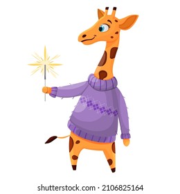 Cute giraffe with a sparkler. Vector cartoon illustration. Premium vector.