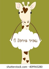 Cute giraffe with spots in the form of heart. Print on T-shirt or card with congratulations. Birthday. Children's illustration