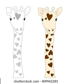Cute giraffe with spots in the form of heart. Print on T-shirt or card with congratulations. Birthday. Children's illustration