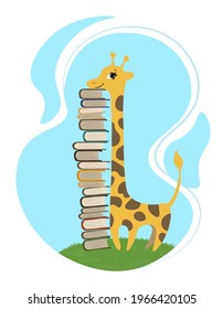 Cute giraffe with a stack of books. Well suited for baby products