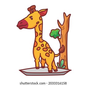 cute giraffe stand near tree. cartoon animal nature concept Isolated illustration. Flat Style suitable for Sticker Icon Design Premium Logo vector. Mascot Character