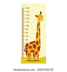 Cute giraffe standing near measuring ruler, children height chart design