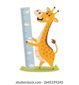 Cute giraffe standing on a ruler. Vector illustration in cartoon style.