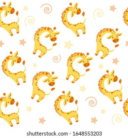 Cute giraffe and stars on a white background seamless pattern. Vector illustration for children for baby shower