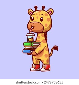 Cute Giraffe Student Bring Book With Drinking Juice Cartoon Vector Icon Illustration. Animal Education Icon Concept Isolated Premium Vector. Flat Cartoon Style