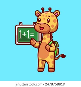 Cute Giraffe Student With Chalk Board And Backpack Cartoon Vector Icon Illustration. Animal Education Icon Concept Isolated Premium Vector. Flat Cartoon Style