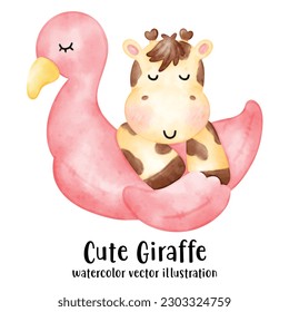 Cuidada jirafa, verano, playa, fiesta de la piscina, fiesta de los animales, ilustración vectorial de la jirafa, acuarela