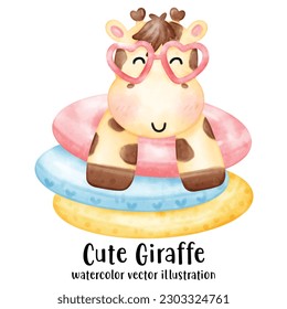 Cute Giraffe, summer, beach, pool party, animal party, Giraffe vector illustration, watercolor