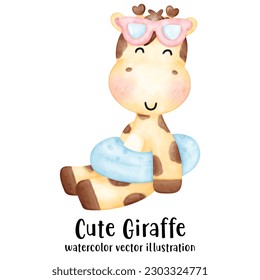 Cuidada jirafa, verano, playa, fiesta de la piscina, fiesta de los animales, ilustración vectorial de la jirafa, acuarela