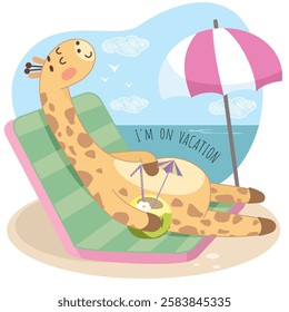 cute giraffe sunbathing on the beach, on vacation, giraffe at sea, vacation, holiday, hot country, heat, cocktail, coconut, relax, tan, swim, seagulls, clouds, sand, beach