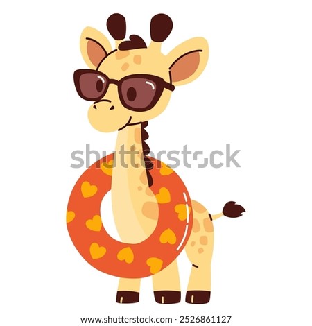 
Cute giraffe in sunglasses and an inflatable ring. Flat vector illustration in children's style on a summer theme