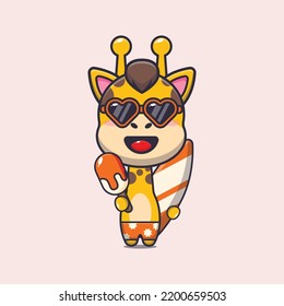 Cute giraffe with surfboard holding ice cartoon illustration.