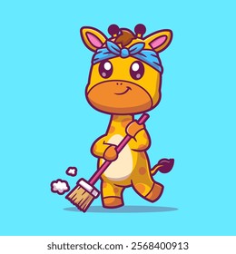 Cute Giraffe Sweeping Floor With Broom Cartoon Vector Icon 
Illustration. Animal Healthy Icon Concept Isolated Premium 
Vector. Flat Cartoon Style 