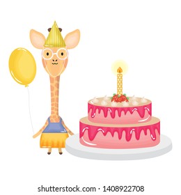 cute giraffe with sweet cake in birthday party