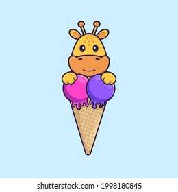 Cute giraffe with sweet ice cream. Animal cartoon concept isolated. Can used for t-shirt, greeting card, invitation card or mascot.