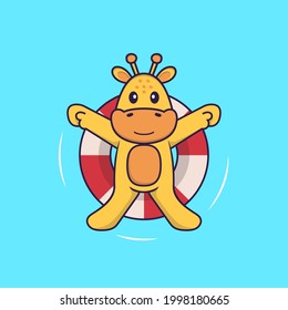Cute giraffe is Swimming with a buoy. Animal cartoon concept isolated. Can used for t-shirt, greeting card, invitation card or mascot.