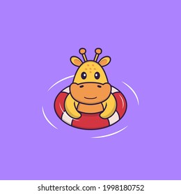 Cute giraffe is Swimming with a buoy. Animal cartoon concept isolated. Can used for t-shirt, greeting card, invitation card or mascot.