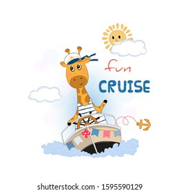 Cute giraffe swims in a boat. Vector illustration on white background.