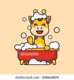 Cute giraffe taking bubble bath in bathtub. Cute cartoon animal vector illustration. Vector isolated, flat illustration for poster, brochure, web, mascot, sticker, logo and icon.