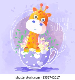 cute giraffe in the tea cup. Can be used for kids/babies shirt design, fashion print design,t-shirt, kids wear,textile design,celebration card/ greeting card, invitation card - Vector
