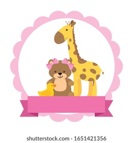 cute giraffe with teddy bear female and duck rubber vector illustration design