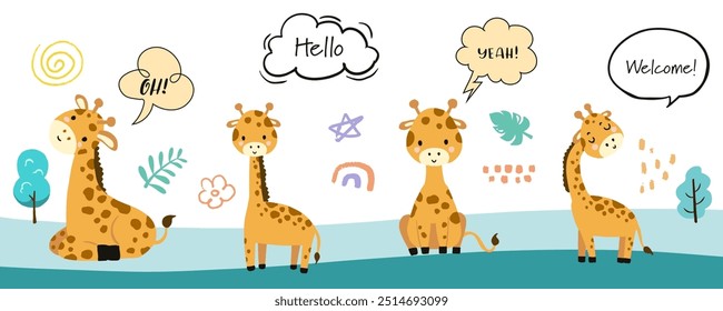 cute giraffe template banner with hello,welcome for horizontal design