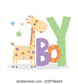 Cute giraffe with text boy, vector illustration