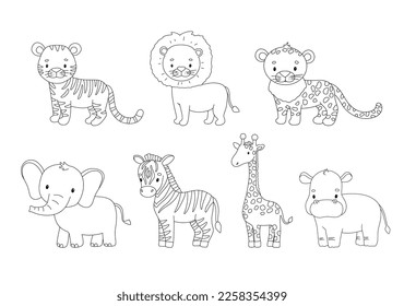 Cute giraffe, tiger and elephant in line style. Drawing african baby wild animal isolated on white background. Vector set sweet outline illustration for childish coloring book.