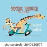 cute giraffe and tiger illustration for t-shirt prints or posters, giraffe is riding a motorcycle, tiger is sitting in the back ,very happy.