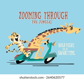 cute giraffe and tiger illustration for t-shirt prints or posters, giraffe is riding a motorcycle, tiger is sitting in the back ,very happy.