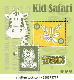 cute giraffe tiger kid safari vector illustration