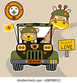 Cute giraffe and tiger wearing soldiers cap on military car, vector cartoon illustration
