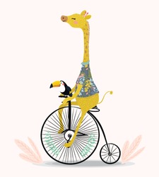 Cute Giraffe And Toucan With Bicycle. Circus Show Illustration. T-shirt Graphics. 
 Animals On Vintage Bikes. Cartoon Character For Children. Prints, Greeting Cards, Textile Artworks.