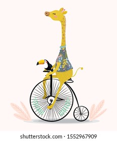 Cute giraffe and toucan with bicycle. Circus show illustration. T-shirt graphics. 
 Animals on vintage bikes. Cartoon character for children. Prints, greeting cards, textile artworks.