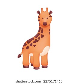 Cute giraffe toy for children 3D illustration. Cartoon drawing of spotted wild animal with long neck, zoo mascot in 3D style on white background. Nature, wildlife, childhood concept