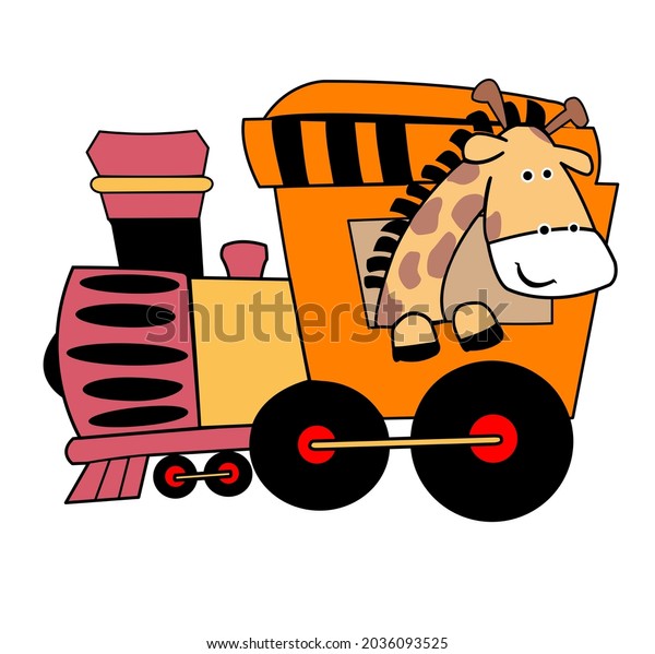 Cute giraffe in the train as\
a machinist. Cartoon, animal, transportation, kids\
theme.