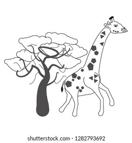 Cute giraffe with a tree. African animal giraffe baby print, isolated line illustration on white background.