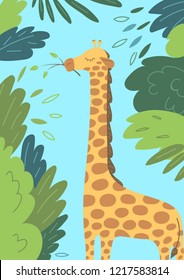 Cute giraffe with tree branch. Vector illustration.