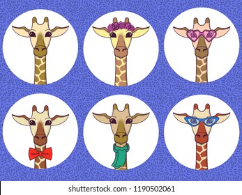 Cute Giraffe with trendy accessories - glasses, bow-tie, flowers, scarf. Print for fabric, t-shirt, poster. Vector illustration
